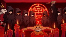 a cartoon drawing of a group of people with candles in front of a circle that says ' s ' on it