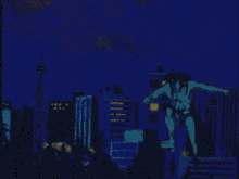 a drawing of a bird flying in the sky with a city in the background