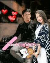 a man sits on a motorcycle next to a woman with the words assalamu ' alaikum on the bottom right