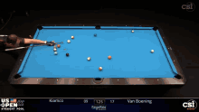 a pool table with a scoreboard that says van boening at the bottom