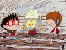 a cartoon of a boy with glasses and a robot sitting at a picnic table