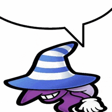 a cartoon character wearing a blue and white striped witch hat with a speech bubble .