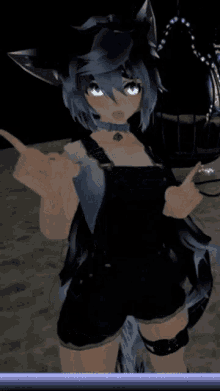 a girl with blue hair and overalls is pointing