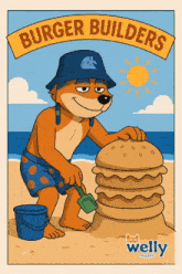 a cartoon of a dog on a beach with the words burger builders above him