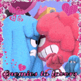 a pink and blue cartoon character with the words " enemies to lovers " on it