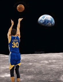 a man in a curry 30 jersey throws a basketball in the air