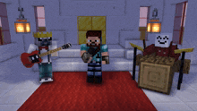 a group of minecraft characters are standing on a red carpet including a man playing a guitar