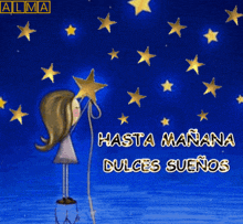 a cartoon of a girl holding a star with the words hasta manana dulces suenos on the bottom