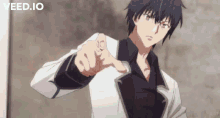 a man in a white suit is pointing his finger at the camera with the words veed.io below him