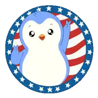 a blue and white penguin is in a circle with stars