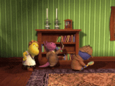 three cartoon characters are standing in front of a bookcase
