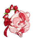 a pixel art of a girl holding a book and a wreath of strawberries behind her .