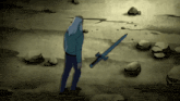 a cartoon of a man holding a sword in a field