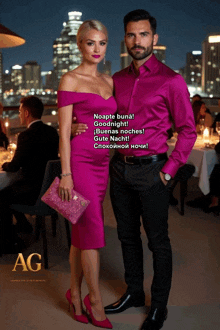 a woman in a pink dress stands next to a man in a pink shirt who says goodnight