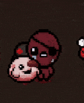 a pixel art drawing of a cartoon character with a skull on his head