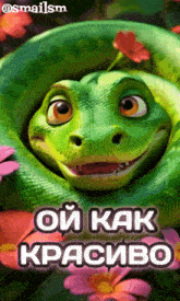 a cartoon snake is smiling with flowers in the background and says oi kak krasibo