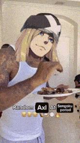 a man holding a plate of food with random axl at sengoku period written below him
