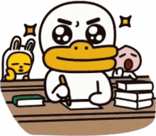 a duck is sitting at a desk with a stack of books and a pen in his hand .