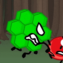 a cartoon drawing of a green object with a red object behind it