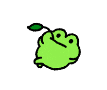 a green frog with a green leaf sticking out of it 's mouth .