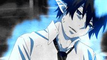 a drawing of a person with blue hair and a white shirt