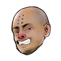 a cartoon drawing of a bald man with dots on his forehead making a funny face