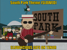 a cartoon man playing a guitar in front of a south park sign