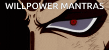 a close up of a person 's eye with the words willpower mantras written below it