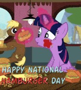 a cartoon of twilight sparkle eating a hamburger with the words happy national hamburger day