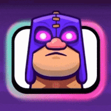 a cartoon of a man wearing a purple mask with purple eyes .