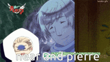 a cartoon of a man with the words near and pierre on it