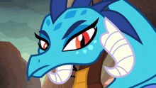 a blue dragon with red eyes and a white tail