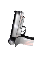 a black gun with a red stripe on the bottom is against a white background