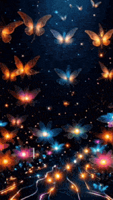 a bunch of butterflies are flying over a bunch of glowing flowers