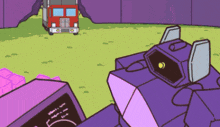 a cartoon drawing of a purple robot and a red fire truck