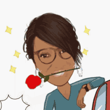 a cartoon of a woman with a red rose in her mouth