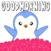 a penguin with a heart in its mouth is surrounded by pink hearts and the words good morning