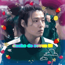 a picture of a man with strawberries on his hair and the words dacho do seven on the bottom