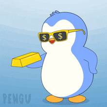 a penguin wearing sunglasses and holding a gold bar with the word pengu on the bottom