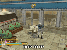 a video game with the words hop to it on the bottom right