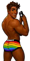 a shirtless man wearing scruff underwear holds a cell phone
