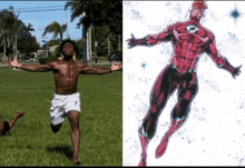 a man without a shirt and a picture of a superhero