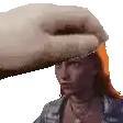 a pixel art of a woman 's head being touched by a person 's hand .
