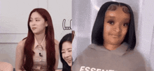 a woman with red hair is standing next to a woman with black hair and a hoodie that says essence on it .