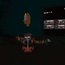 a cartoon character is sitting in front of a computer screen with a candle on it