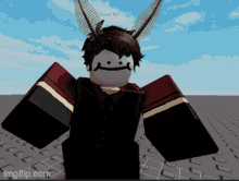 a screenshot of a roblox character with horns and a smiley face