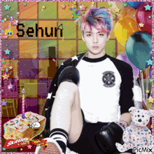 a picture of a boy with pink hair and the name sehun