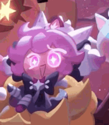 a purple cookie with glowing eyes and a bow tie is sitting on a table in a room .