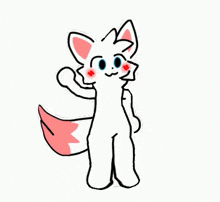 a cartoon drawing of a white fox with a pink tail waving .