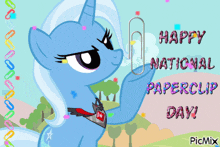 a picture of a pony holding a paper clip with the words happy national paperclip day